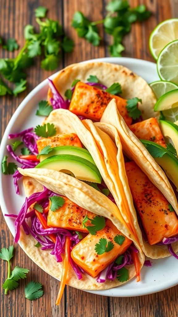 Crispy Air Fryer Salmon Tacos Recipe Crispy salmon tacos with avocado and cabbage on a rustic wooden table.